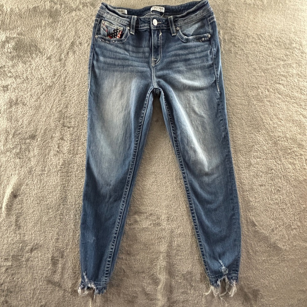 Vigoss USA Flag Skinny Jeans Womens 12 Blue Distressed Frayed Stretch 30" Inseam